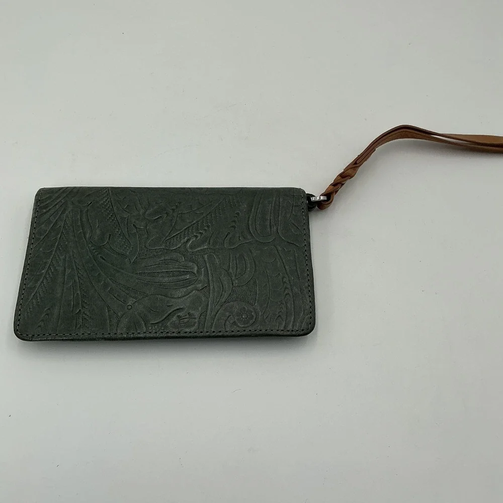 Margot Gray Embossed Leather Floral Paisley Wristlet Wallet Slim ID Card‎ Holder